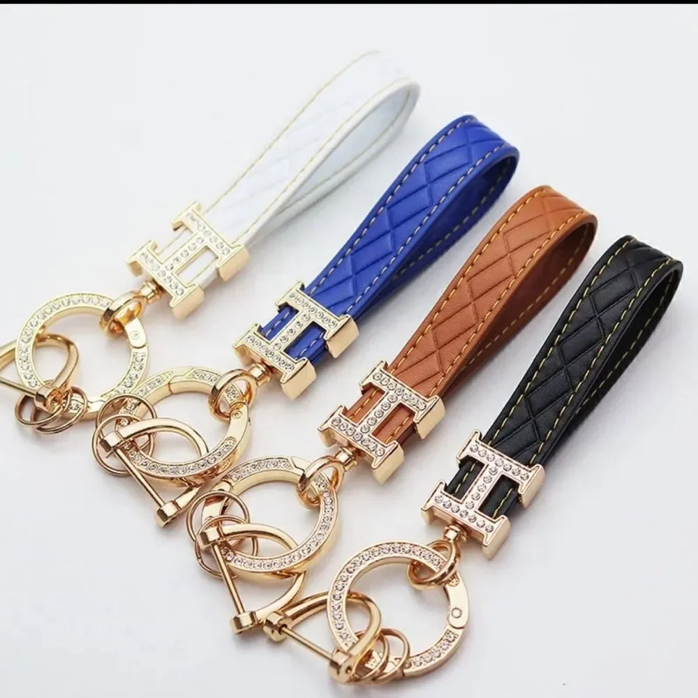 BROWN Leather Diamond High-end Key Ring Elegant Color Leather Car Key Chain